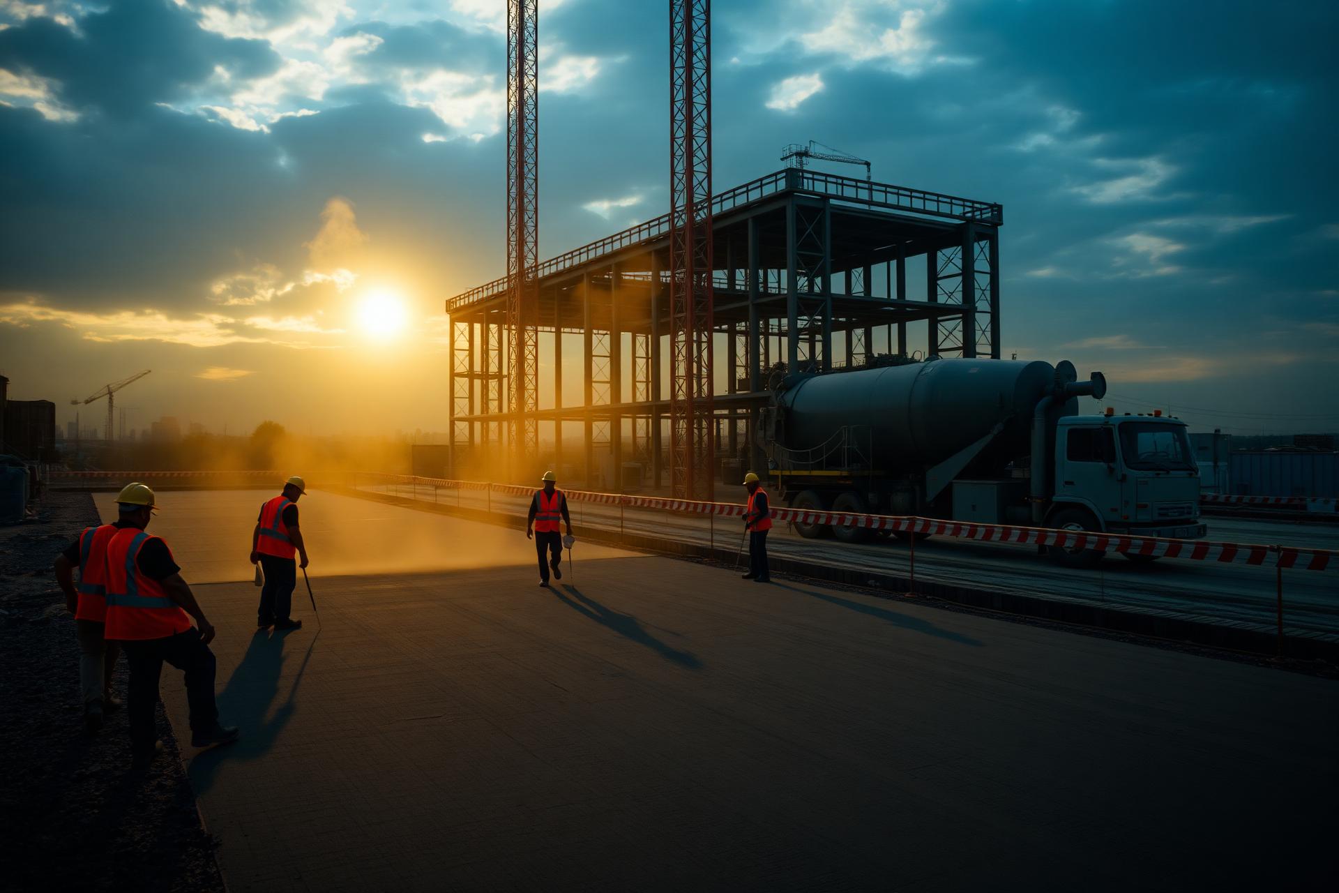 CABCO crew finishing a large commercial concrete pour at golden hour
